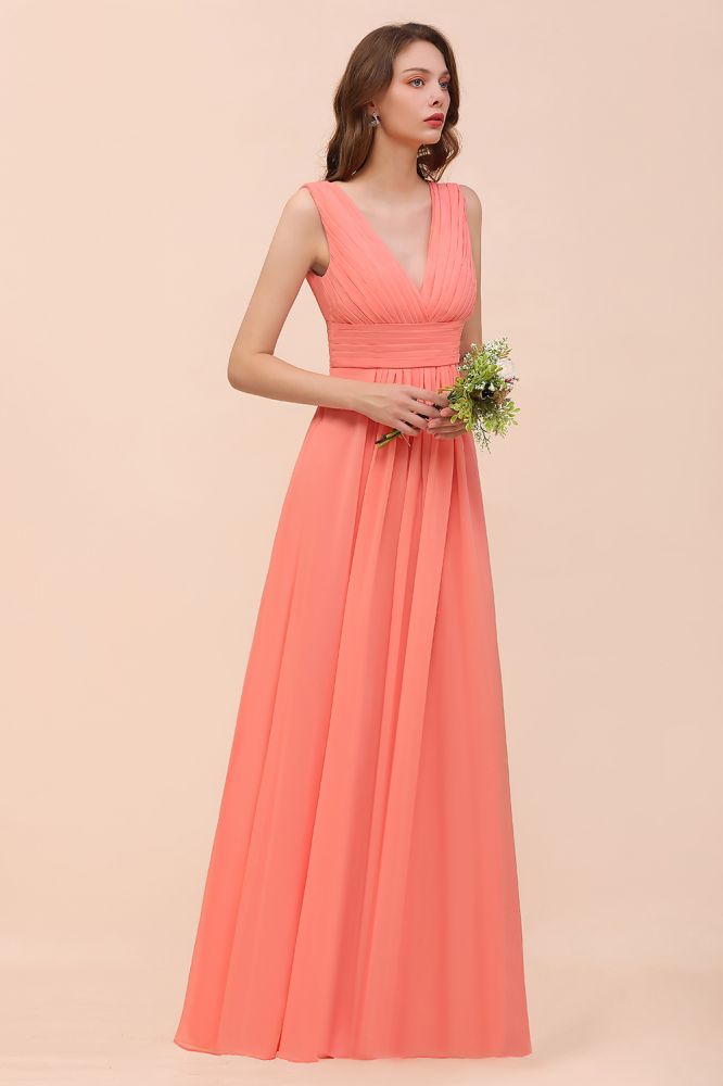 Straps V-Neck Floor Length Bridesmaid Dress Wedding Party Dress-misshow.com