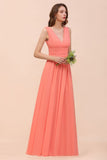 Straps V-Neck Floor Length Bridesmaid Dress Wedding Party Dress-misshow.com