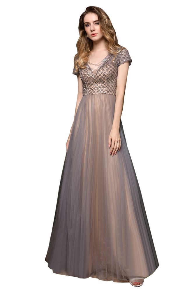 Looking for Prom Dresses,Evening Dresses,Homecoming Dresses,Quinceanera dresses in Tulle, A-line style, and Gorgeous Beading,Sequined work  MISSHOW has all covered on this elegant Striking  Aline Long Evening Dress Quincenera Swing Dress Short Sleeves.