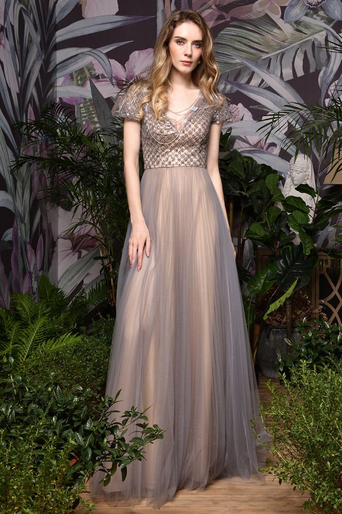 Looking for Prom Dresses,Evening Dresses,Homecoming Dresses,Quinceanera dresses in Tulle, A-line style, and Gorgeous Beading,Sequined work  MISSHOW has all covered on this elegant Striking  Aline Long Evening Dress Quincenera Swing Dress Short Sleeves.