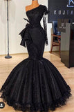 Atemberaubendes schwarzes Glitzer-Meerjungfrau-Abschlussballkleid mit langen Ärmeln und schmalem Partykleid mit floraler Spitze