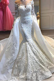 Atemberaubende Meerjungfrauen-Hochzeits-Brautkleidung mit Rundhalsausschnitt und abnehmbarer Schleppe