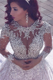 Stunning Gorgeous Muslim Crystal Beading Sheer Lace Wedding Dress