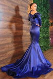 Stunning Halter Royal Blue Evening Party Dress Satin Mermaid Prom Dress-misshow.com