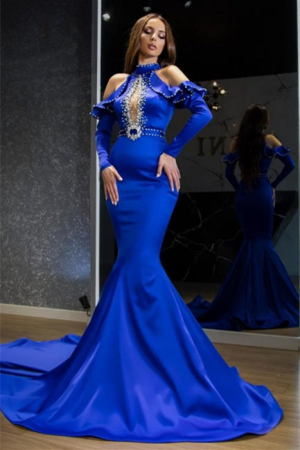 Stunning Halter Royal Blue Evening Party Dress Satin Mermaid Prom Dress-misshow.com
