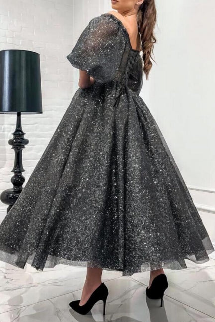 Stunning Long Gray A-line Off-the-shoulder Sequined Prom Evening Dresses with Short Sleeves