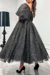 Stunning Long Gray A-line Off-the-shoulder Sequined Prom Evening Dresses with Short Sleeves