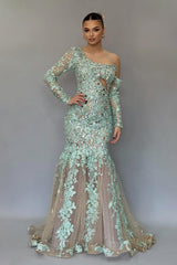 Stunning Long Mermaid One Shoulder Lace Beading Prom Evening Dresses with Long Sleeves