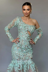Stunning Long Mermaid One Shoulder Lace Beading Prom Evening Dresses with Long Sleeves