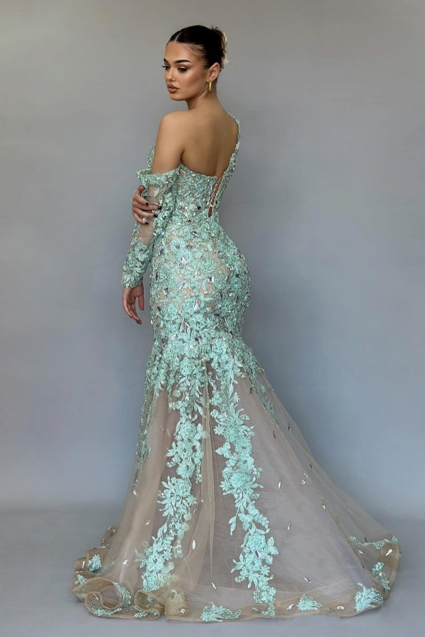 Stunning Long Mermaid One Shoulder Lace Beading Prom Evening Dresses with Long Sleeves