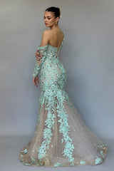 Stunning Long Mermaid One Shoulder Lace Beading Prom Evening Dresses with Long Sleeves