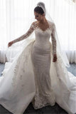 Stunning Mermaid Lace Bowknot Wedding Bride Dress Detachable Overskirt Sleeve Bridal Dress