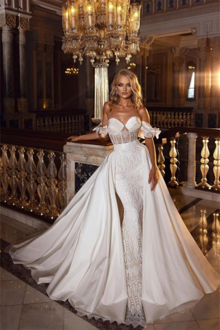 Stunning Off Shoulder White Floral Mermaid Slim Wedding Gowns Sweetheart Long Bridal Dress with Detachable Tail-misshow.com