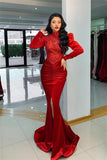 Stunning Red Velvet High Neck Mermaid Prom Dress Long Sleeves-misshow.com
