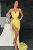 Stunning Sexy Mermaid Yellow Sequins Prom Dresses-misshow.com