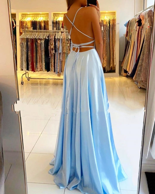 Stunning Spaghetti Straps Satin Evening Dress with Side Slit-misshow.com