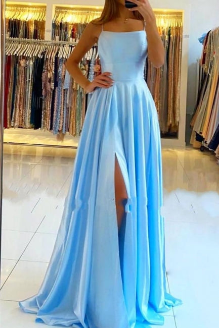 Stunning Spaghetti Straps Satin Evening Dress with Side Slit-misshow.com