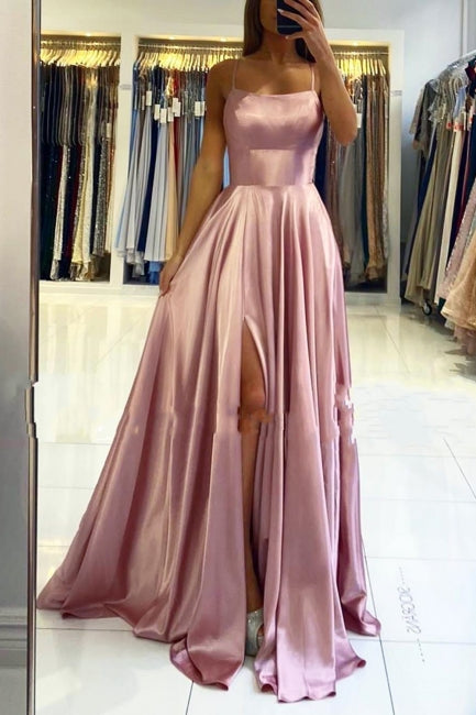 Stunning Spaghetti Straps Satin Evening Dress with Side Slit-misshow.com
