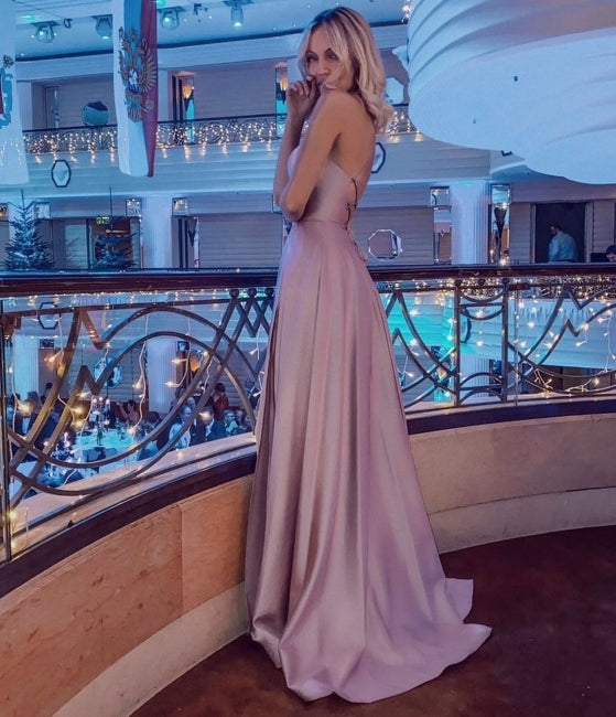 Stunning Spaghetti Straps Satin Evening Dress with Side Slit-misshow.com