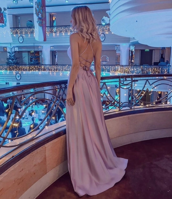 Stunning Spaghetti Straps Satin Evening Dress with Side Slit-misshow.com