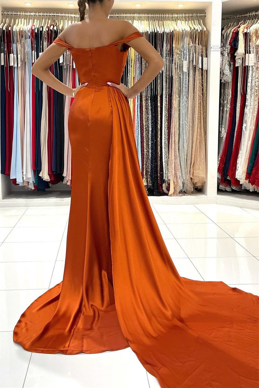 Stunning Stretch Satin Off Shoulder Evening Gown with Side Slit Detachable Train-misshow.com