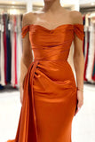 Stunning Stretch Satin Off Shoulder Evening Gown with Side Slit Detachable Train-misshow.com