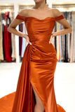 Stunning Stretch Satin Off Shoulder Evening Gown with Side Slit Detachable Train-misshow.com