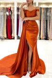 Stunning Stretch Satin Off Shoulder Evening Gown with Side Slit Detachable Train-misshow.com