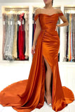 Stunning Stretch Satin Off Shoulder Evening Gown with Side Slit Detachable Train-misshow.com