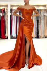 Stunning Stretch Satin Off Shoulder Evening Gown with Side Slit Detachable Train