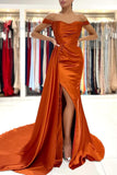 Stunning Stretch Satin Off Shoulder Evening Gown with Side Slit Detachable Train-misshow.com