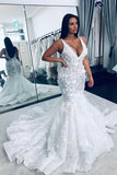 Stunning V-Neck Sleeveless Mermaid Wedding Gown Floral Lace Bridal Gown