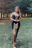 Stunning Velvet Evening Gown Sleeveless Gold Appliques Formal Dress with Detachable Train Side Slit-misshow.com