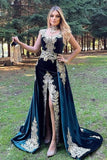 Stunning Velvet Evening Gown Sleeveless Gold Appliques Formal Dress with Detachable Train Side Slit-misshow.com