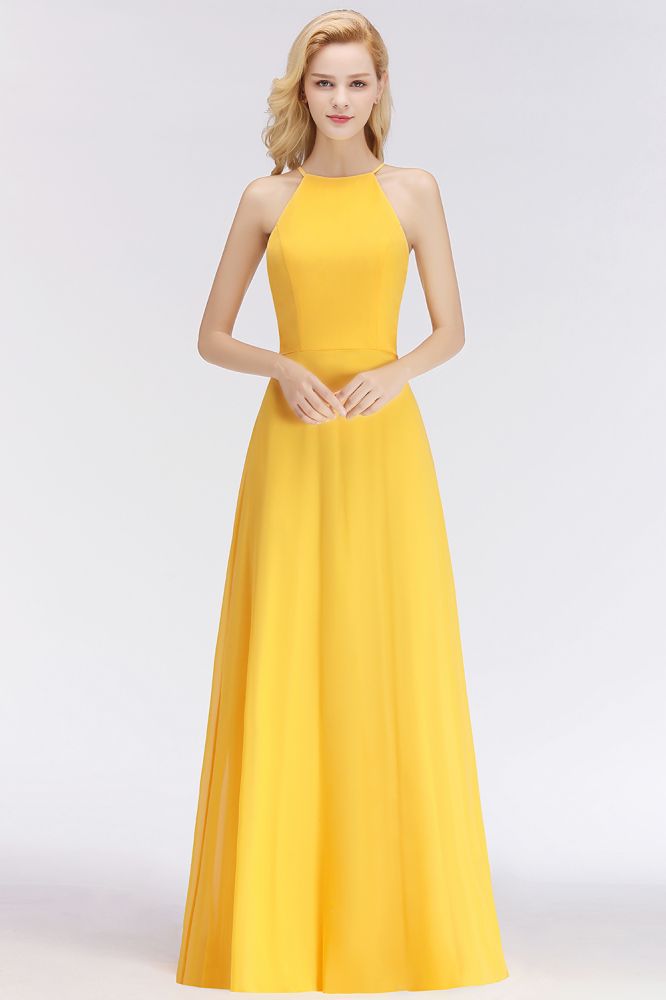 MISSHOW offers Stylish A-line Halter Sleeveless Floor Length Yellow Bridesmaid Dresses at a good price from White,Ivory,Blushing Pink,Candy Pink,Pearl Pink,Dusty Rose,Watermelon,Red,Fuchsia,Burgundy,Chocolate,Brown,Gold,Champagne,Orange,Daffodil,Regency,Grape,Lilac,Lavender,Sky Blue,Pool,Ocean Blue,Royal Blue,Ink Blue,Dark Navy,Black,Silver,Dark Green,Jade,Green,Sage,Mint Green,100D Chiffon to A-line Floor-length them. Stunning yet affordable Sleeveless Bridesmaid Dresses.