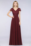 Stylish A-Line V-Neck Cap-Sleeves Floor-Length Bridesmaid Dress