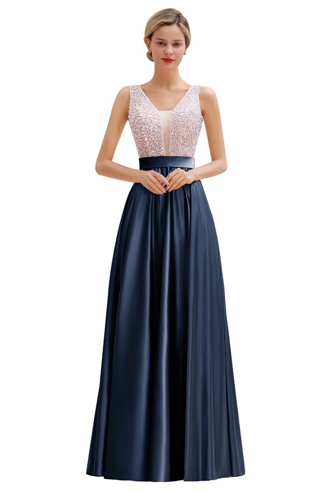 Looking for Prom Dresses,Evening Dresses,Homecoming Dresses,Bridesmaid Dresses,Quinceanera dresses in Stretch Satin,Tulle, A-line style, and Gorgeous Beading,Sequined work  MISSHOW has all covered on this elegant Stylish Backless Satin Floor Length Evening Dress V-Neck Party Dress.