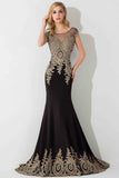 Stylish Cap Sleeve Gold Appliques Mermaid Evening Maxi Gown Sleveless Party Dress