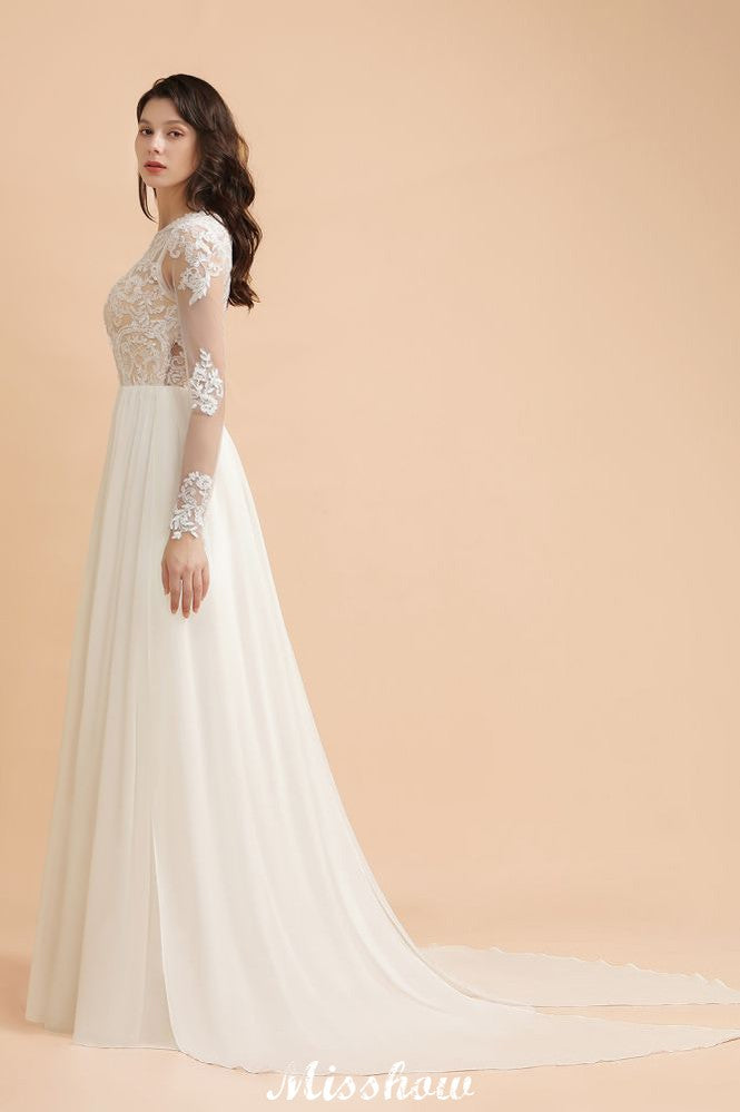 MISSHOW offers Stylish Crew Neck Lace Appliques Wedding Dress Long Sleeve Chiffon Simple Bridal Gown at a good price from White,Ivory,Blushing Pink,Red,Champagne,Black,100D Chiffon,Tulle to A-line Floor-length them. Stunning yet affordable Long Sleeves .