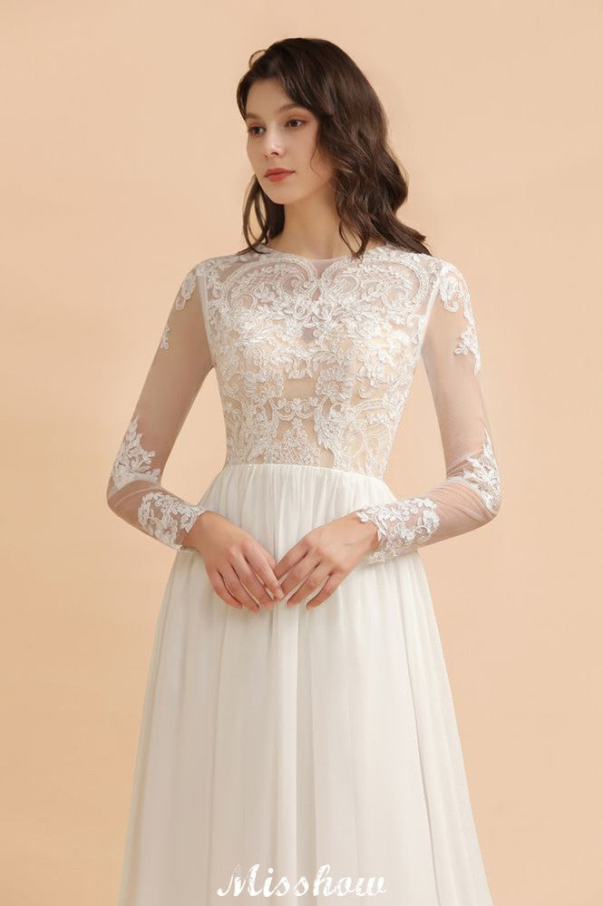 MISSHOW offers Stylish Crew Neck Lace Appliques Wedding Dress Long Sleeve Chiffon Simple Bridal Gown at a good price from White,Ivory,Blushing Pink,Red,Champagne,Black,100D Chiffon,Tulle to A-line Floor-length them. Stunning yet affordable Long Sleeves .