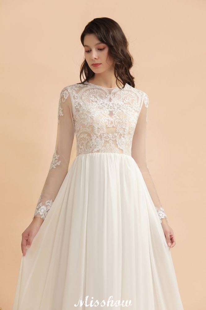 MISSHOW offers Stylish Crew Neck Lace Appliques Wedding Dress Long Sleeve Chiffon Simple Bridal Gown at a good price from White,Ivory,Blushing Pink,Red,Champagne,Black,100D Chiffon,Tulle to A-line Floor-length them. Stunning yet affordable Long Sleeves .