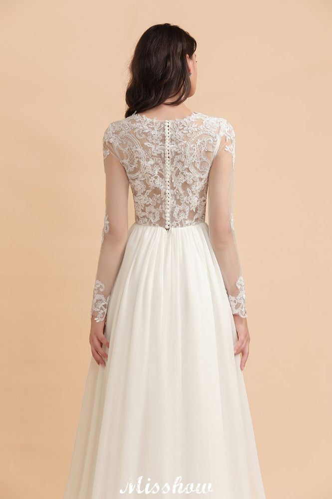 MISSHOW offers Stylish Crew Neck Lace Appliques Wedding Dress Long Sleeve Chiffon Simple Bridal Gown at a good price from White,Ivory,Blushing Pink,Red,Champagne,Black,100D Chiffon,Tulle to A-line Floor-length them. Stunning yet affordable Long Sleeves .