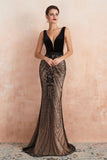 Stylish Deep V-Neck Black Beading Mermaid Prom Dress Sleeveless Slim Evening Party Gown