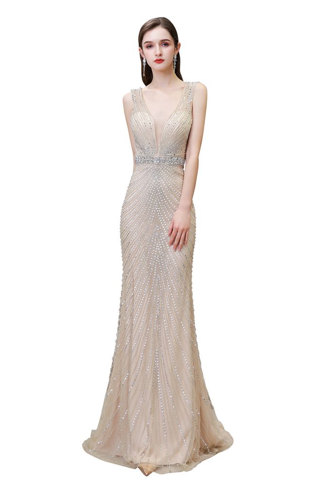 Looking for Prom Dresses,Evening Dresses,Homecoming Dresses,Quinceanera dresses in Tulle, Mermaid style, and Gorgeous Beading,Crystal,Sequined,Rhinestone work  MISSHOW has all covered on this elegant Stylish Deep V-Neck Sleeveless Beading Silver Slim Mermaid Party Gown.