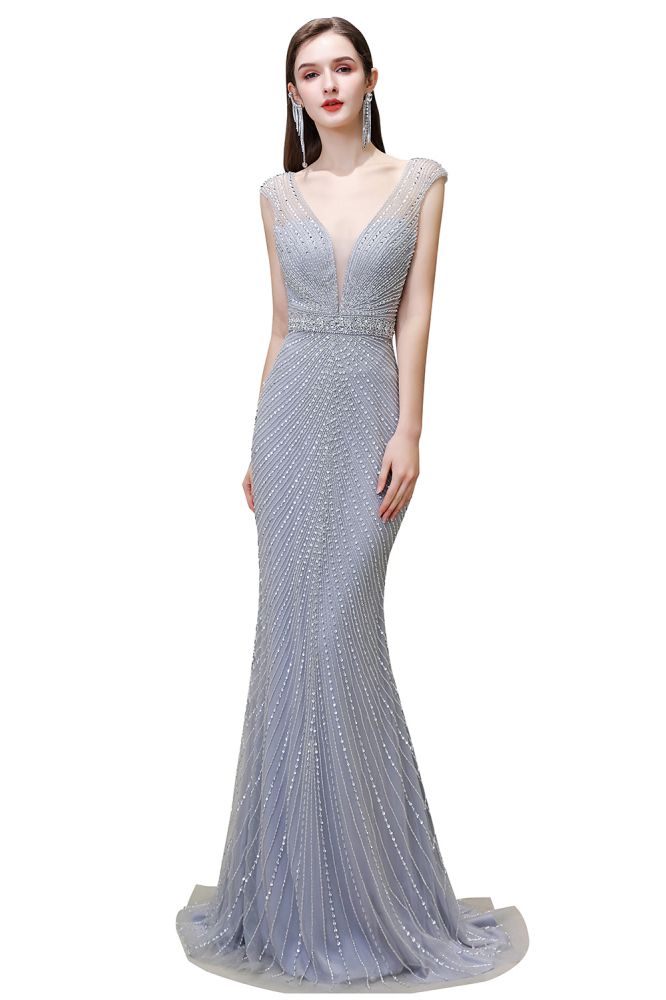 Looking for Prom Dresses,Evening Dresses,Homecoming Dresses,Quinceanera dresses in Tulle, Mermaid style, and Gorgeous Beading,Crystal,Sequined,Rhinestone work  MISSHOW has all covered on this elegant Stylish Deep V-Neck Sleeveless Beading Silver Slim Mermaid Party Gown.