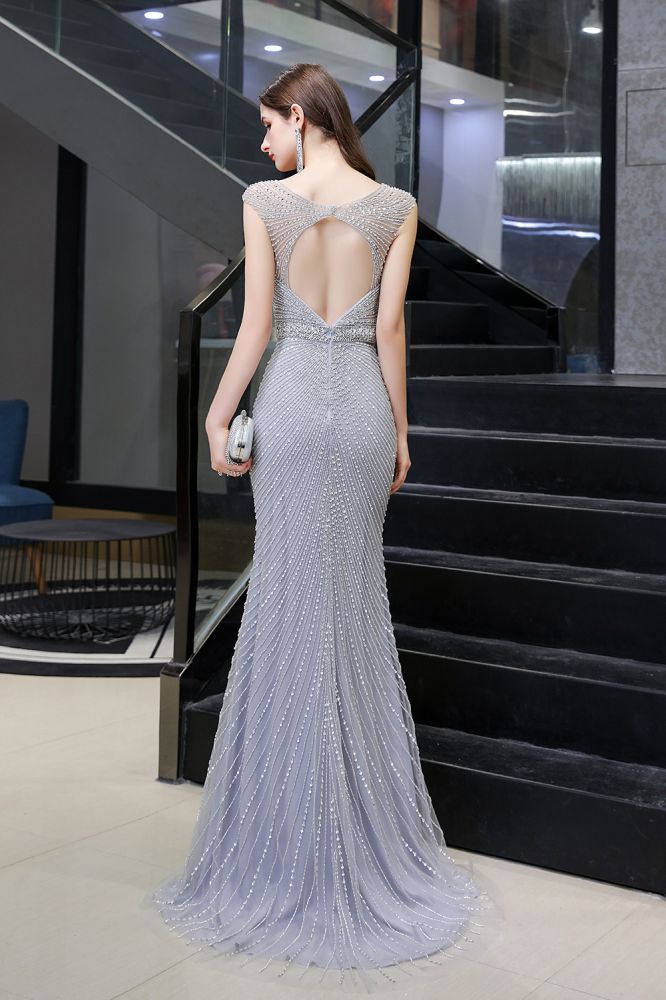 Looking for Prom Dresses,Evening Dresses,Homecoming Dresses,Quinceanera dresses in Tulle, Mermaid style, and Gorgeous Beading,Crystal,Sequined,Rhinestone work  MISSHOW has all covered on this elegant Stylish Deep V-Neck Sleeveless Beading Silver Slim Mermaid Party Gown.