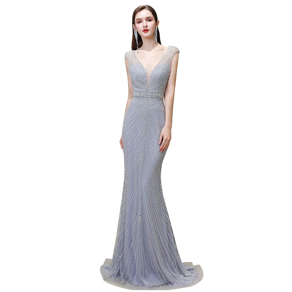 Looking for Prom Dresses,Evening Dresses,Homecoming Dresses,Quinceanera dresses in Tulle, Mermaid style, and Gorgeous Beading,Crystal,Sequined,Rhinestone work  MISSHOW has all covered on this elegant Stylish Deep V-Neck Sleeveless Beading Silver Slim Mermaid Party Gown.