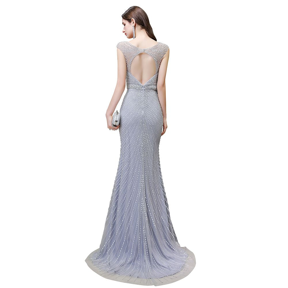 Looking for Prom Dresses,Evening Dresses,Homecoming Dresses,Quinceanera dresses in Tulle, Mermaid style, and Gorgeous Beading,Crystal,Sequined,Rhinestone work  MISSHOW has all covered on this elegant Stylish Deep V-Neck Sleeveless Beading Silver Slim Mermaid Party Gown.