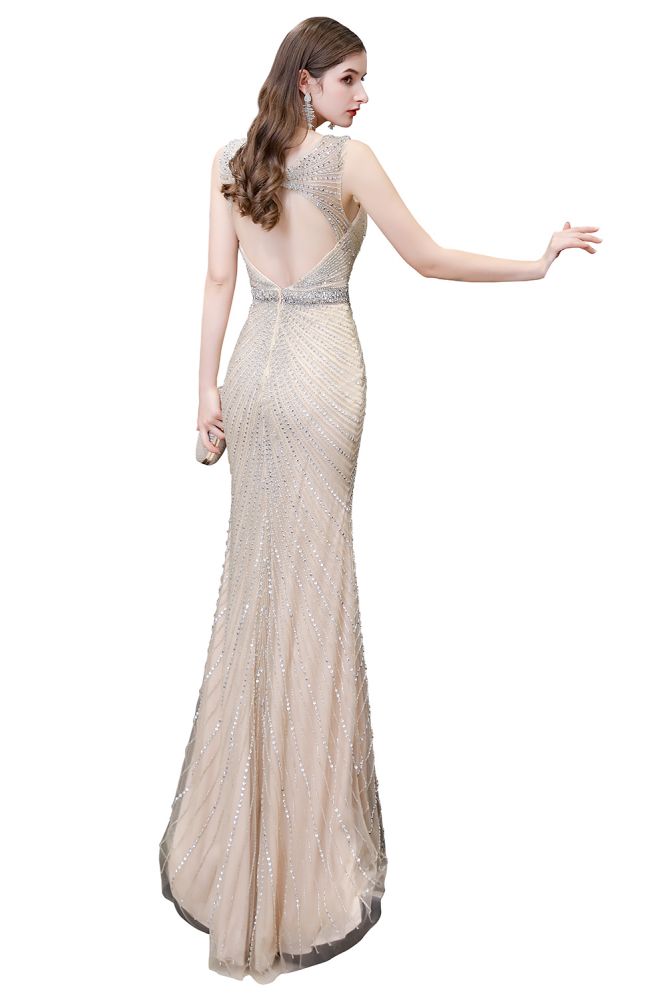 Looking for Prom Dresses,Evening Dresses,Homecoming Dresses,Quinceanera dresses in Tulle, Mermaid style, and Gorgeous Beading,Crystal,Sequined,Rhinestone work  MISSHOW has all covered on this elegant Stylish Deep V-Neck Sleeveless Beading Silver Slim Mermaid Party Gown.