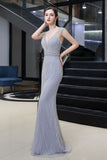 Looking for Prom Dresses,Evening Dresses,Homecoming Dresses,Quinceanera dresses in Tulle, Mermaid style, and Gorgeous Beading,Crystal,Sequined,Rhinestone work  MISSHOW has all covered on this elegant Stylish Deep V-Neck Sleeveless Beading Silver Slim Mermaid Party Gown.